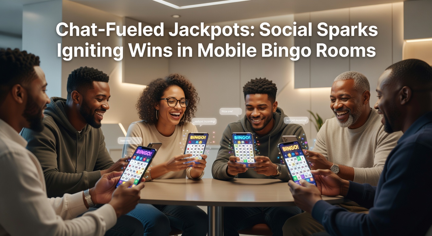 Vibrant mobile bingo room filled with chat bubbles and jackpot meters rising amid player interactions