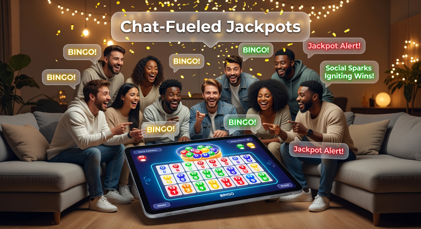 Exploding jackpot notification in a bustling mobile bingo chat room with colorful emojis and winner celebrations