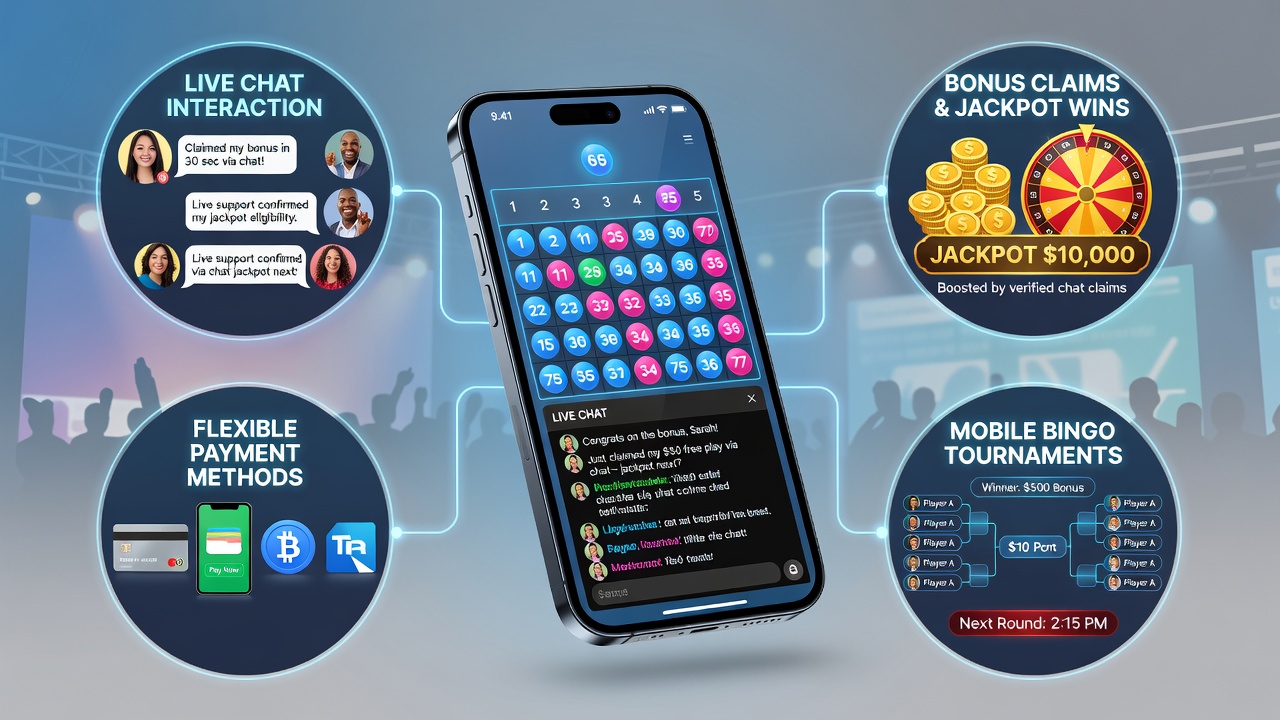 Players engaging in live chat during a mobile bingo tournament with jackpot notifications visible